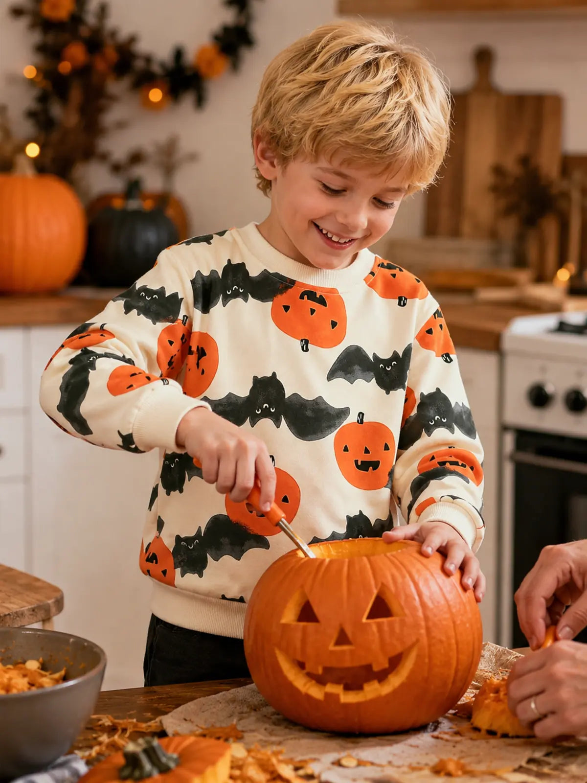 Kids Halloween Long‑Sleeve Sweatshirt, Cartoon Pumpkin Print
