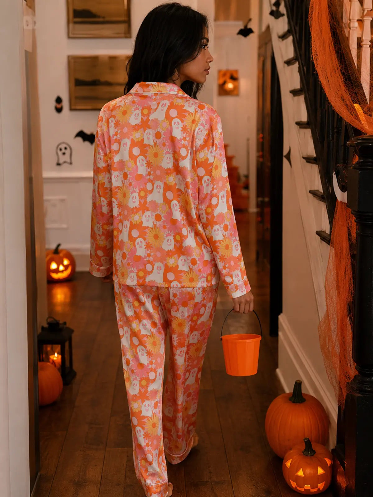 Halloween Satin Pajama Set, Lapel Open‑Front Top