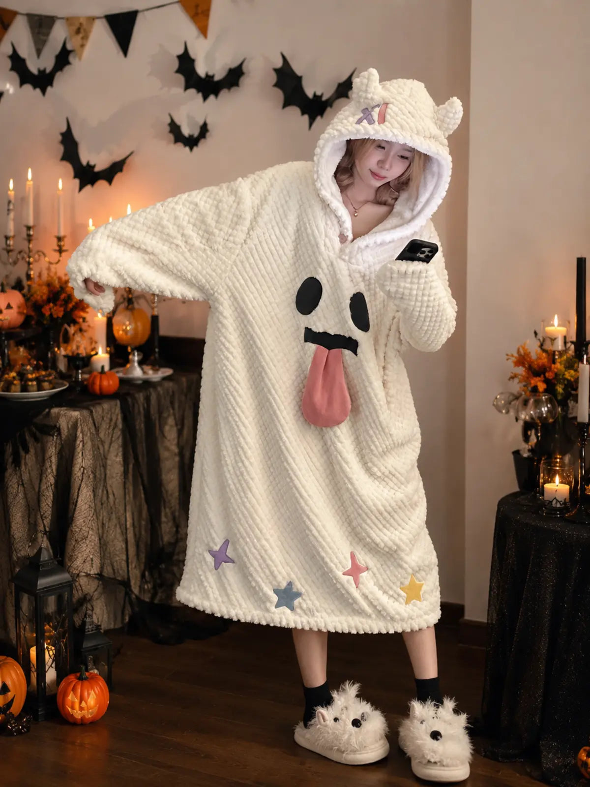 Halloween Plush Hooded Sleep Robe, Ghost Pumpkin Spooky‑Face Coral Fleece Loungewear