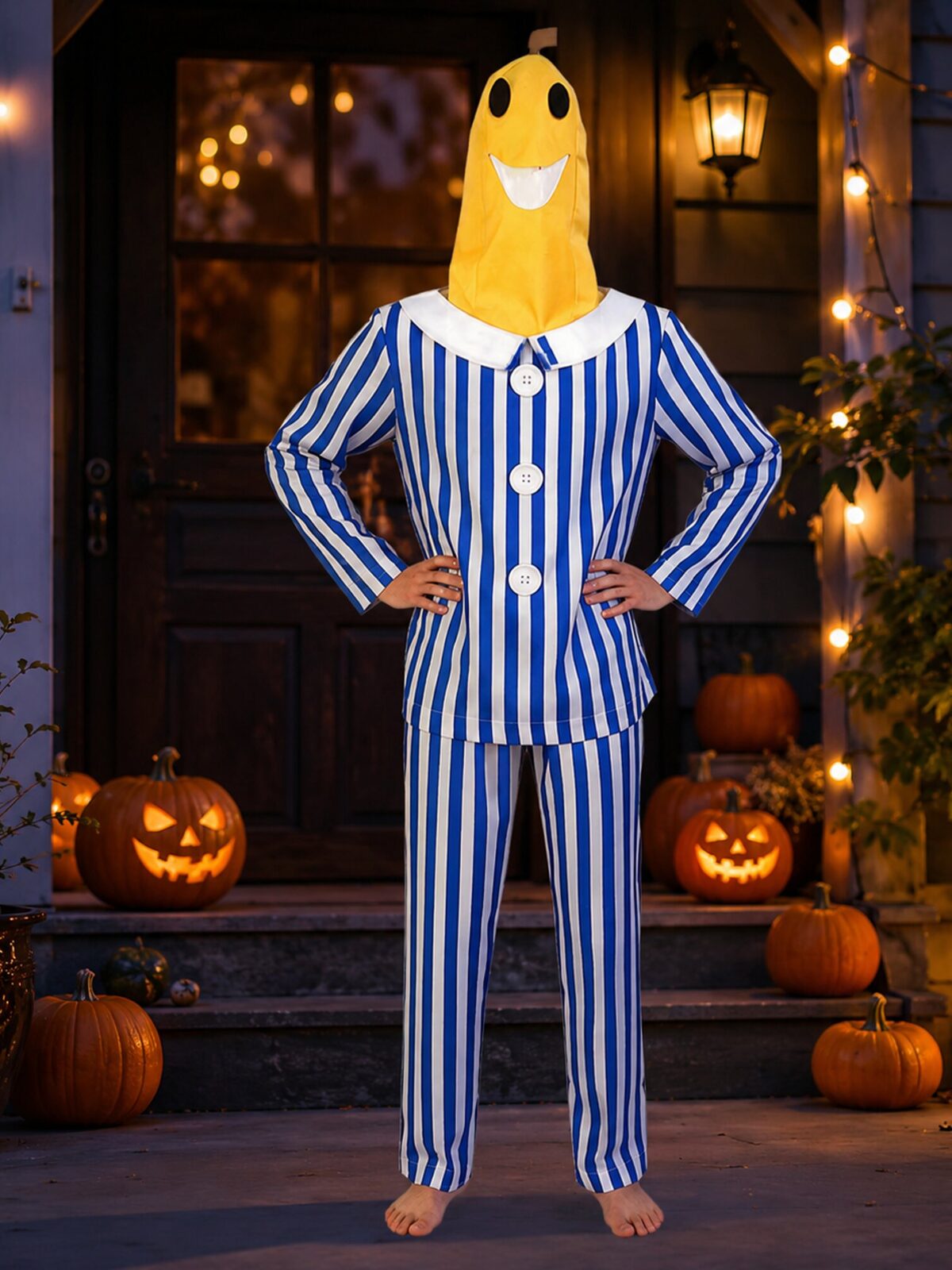 Cartoon Sick Banana Halloween Costume, Blue‑White Striped Banana Role‑Play Pajama Outfit