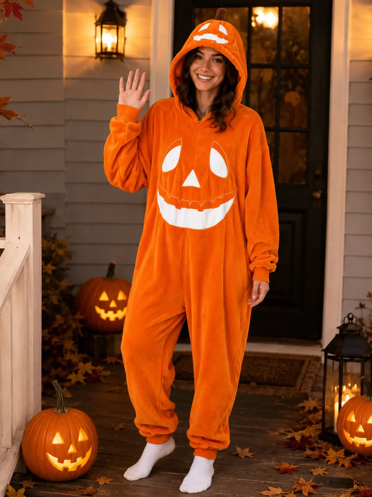 Plush Jack-O’-Lantern Hooded Halloween Onesie Pajamas