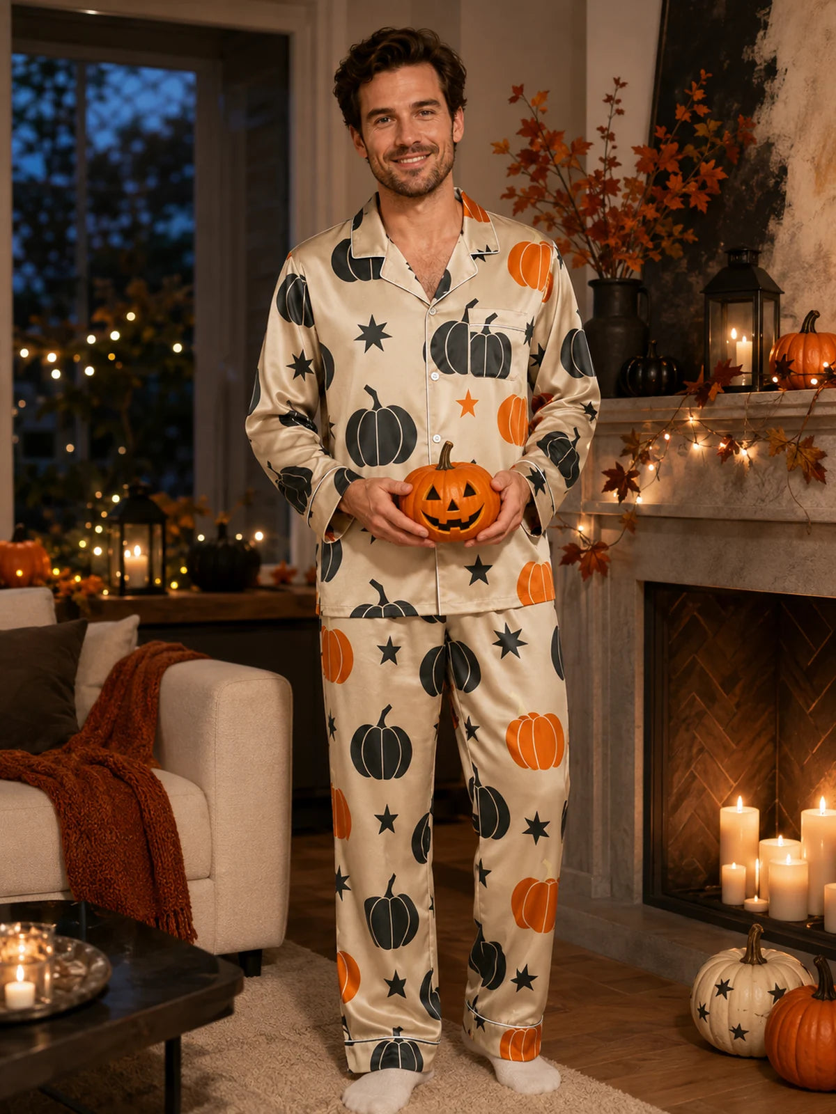 Family Matching Halloween Pumpkin Print Pajama Set