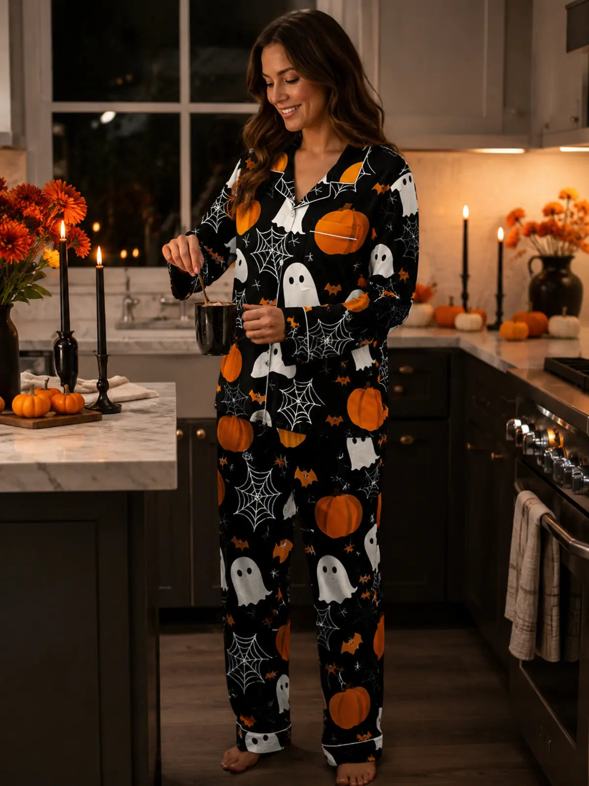 Cartoon Bat & Ghost All‑Over Print Long Sleeve Pajama Set