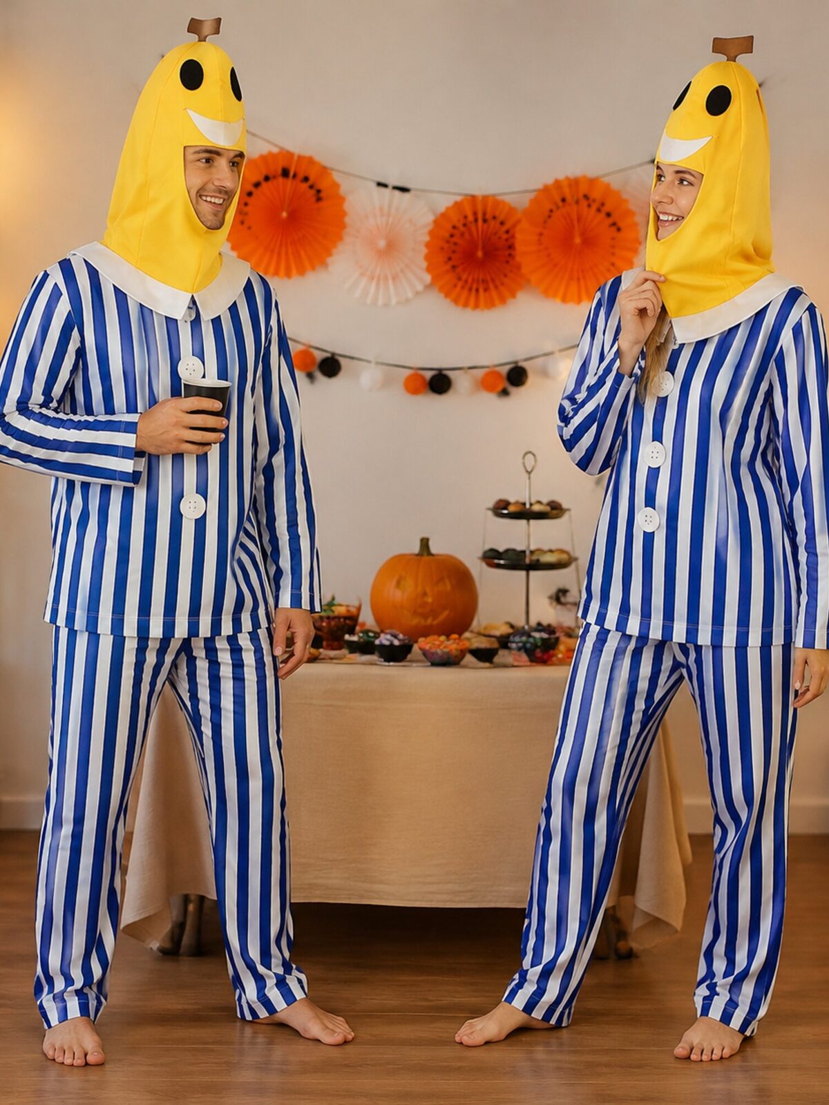 Cartoon Sick Banana Halloween Costume, Blue‑White Striped Banana Role‑Play Pajama Outfit