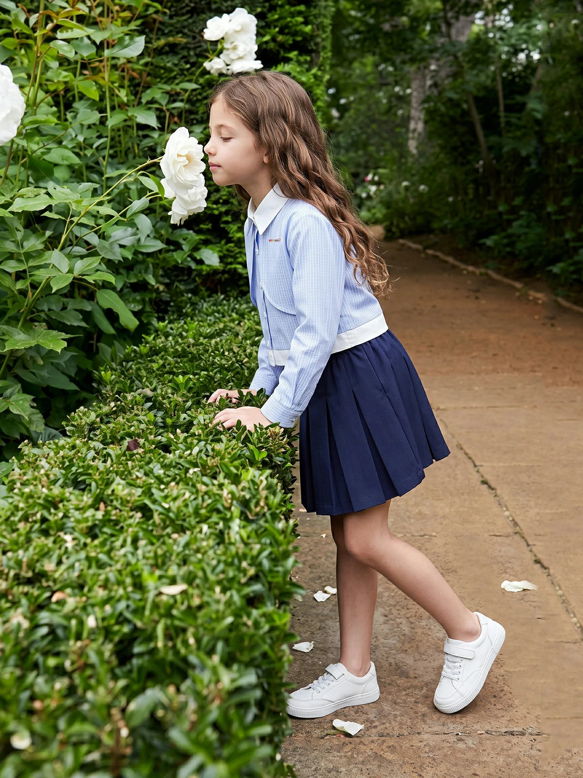 Kariertes, mehrlagiges, bauchfreies Langarmshirt für Kinder in Blau | KINS CLASS