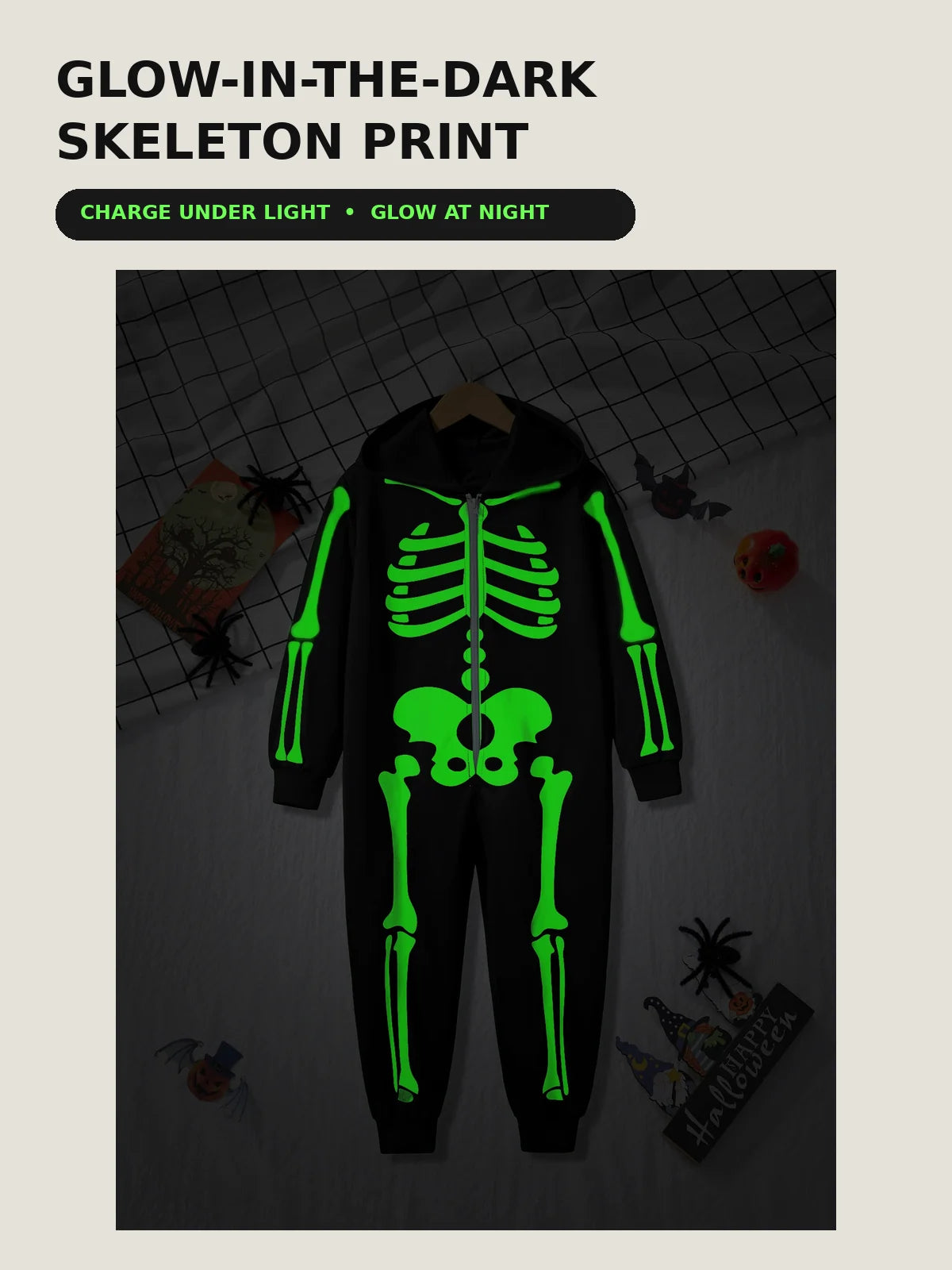 Kids’ Glow-in-the-Dark Skeleton Hooded Jumpsuit for Halloween