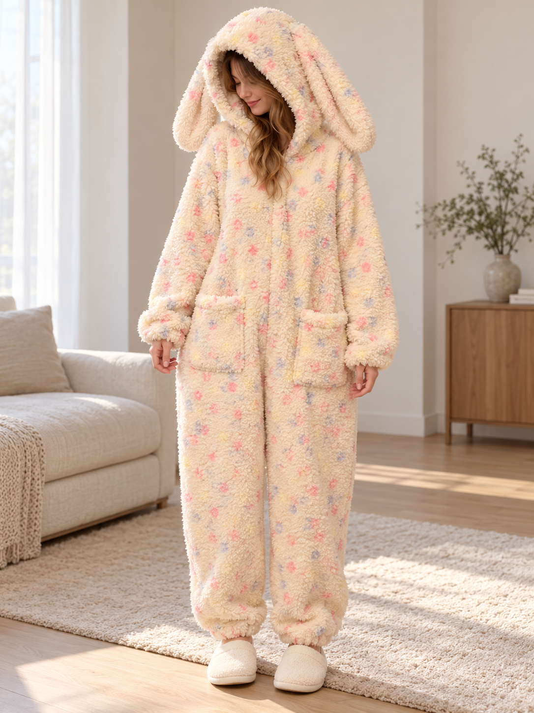 Adult model wearing Wearkins pastel bunny-ear fleece onesie with two front pockets in a sunlit living room.