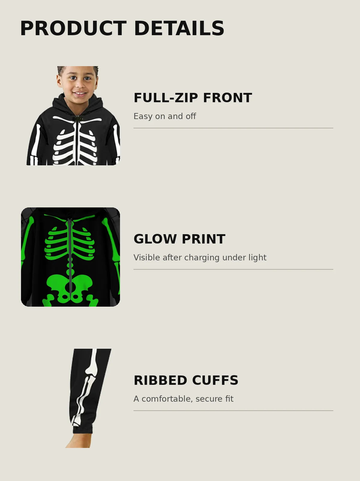Kids’ Glow-in-the-Dark Skeleton Hooded Jumpsuit for Halloween