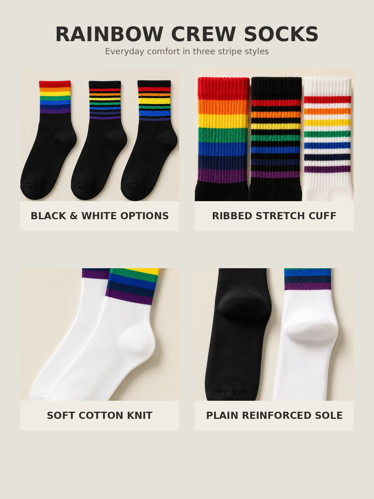 Rainbow Stripe Cotton Crew Socks