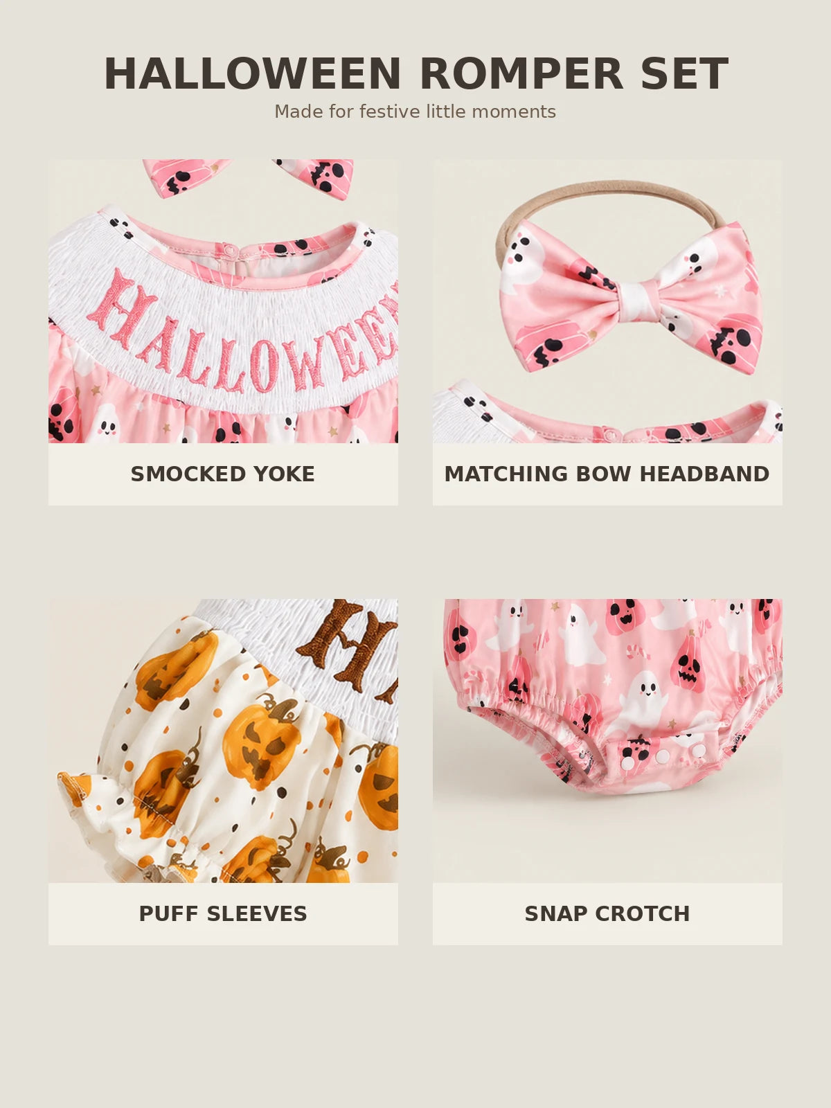 Baby Girls’ Pink Ghost & Pumpkin Halloween Romper