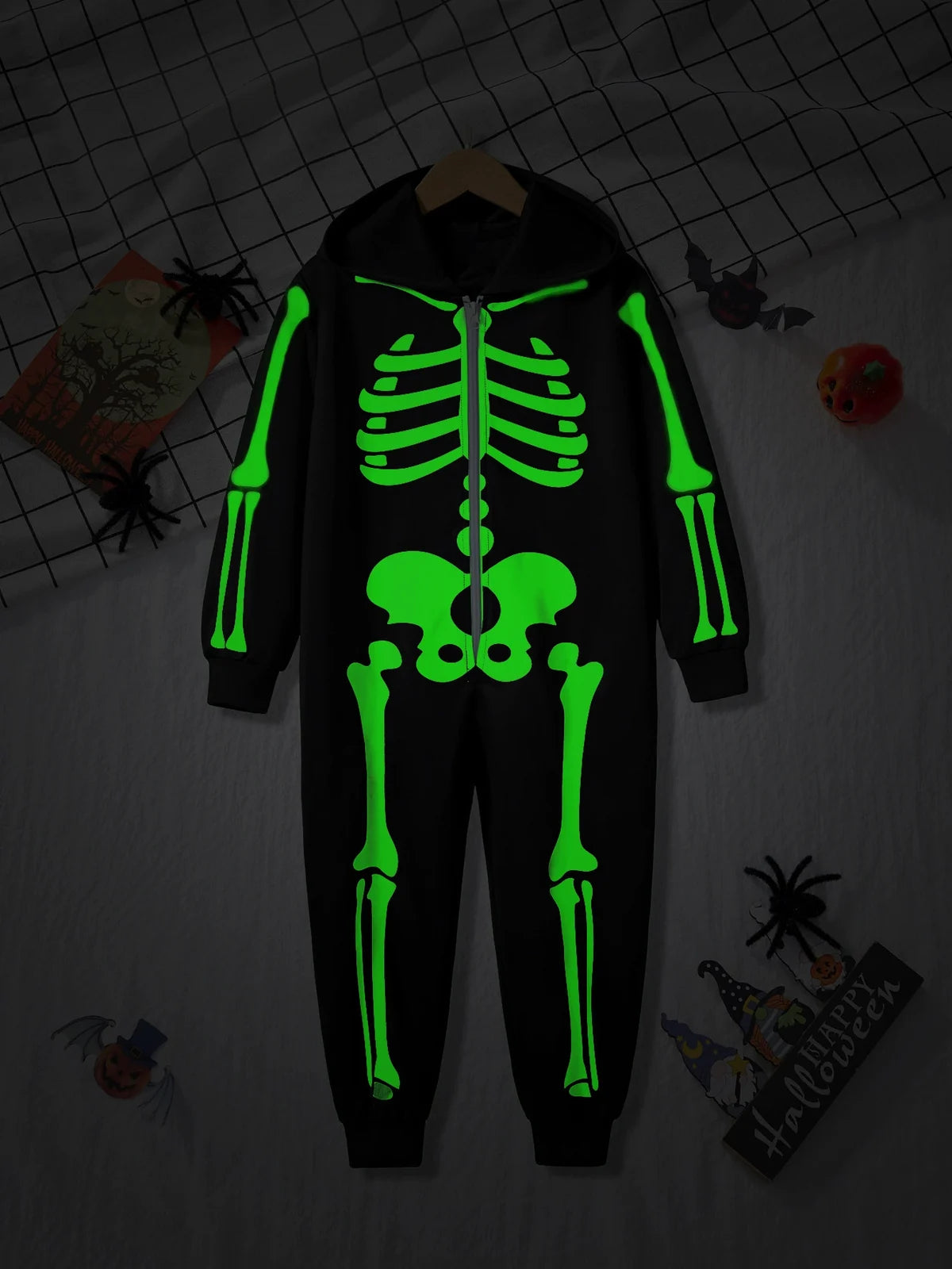 Kids’ Glow-in-the-Dark Skeleton Hooded Jumpsuit for Halloween