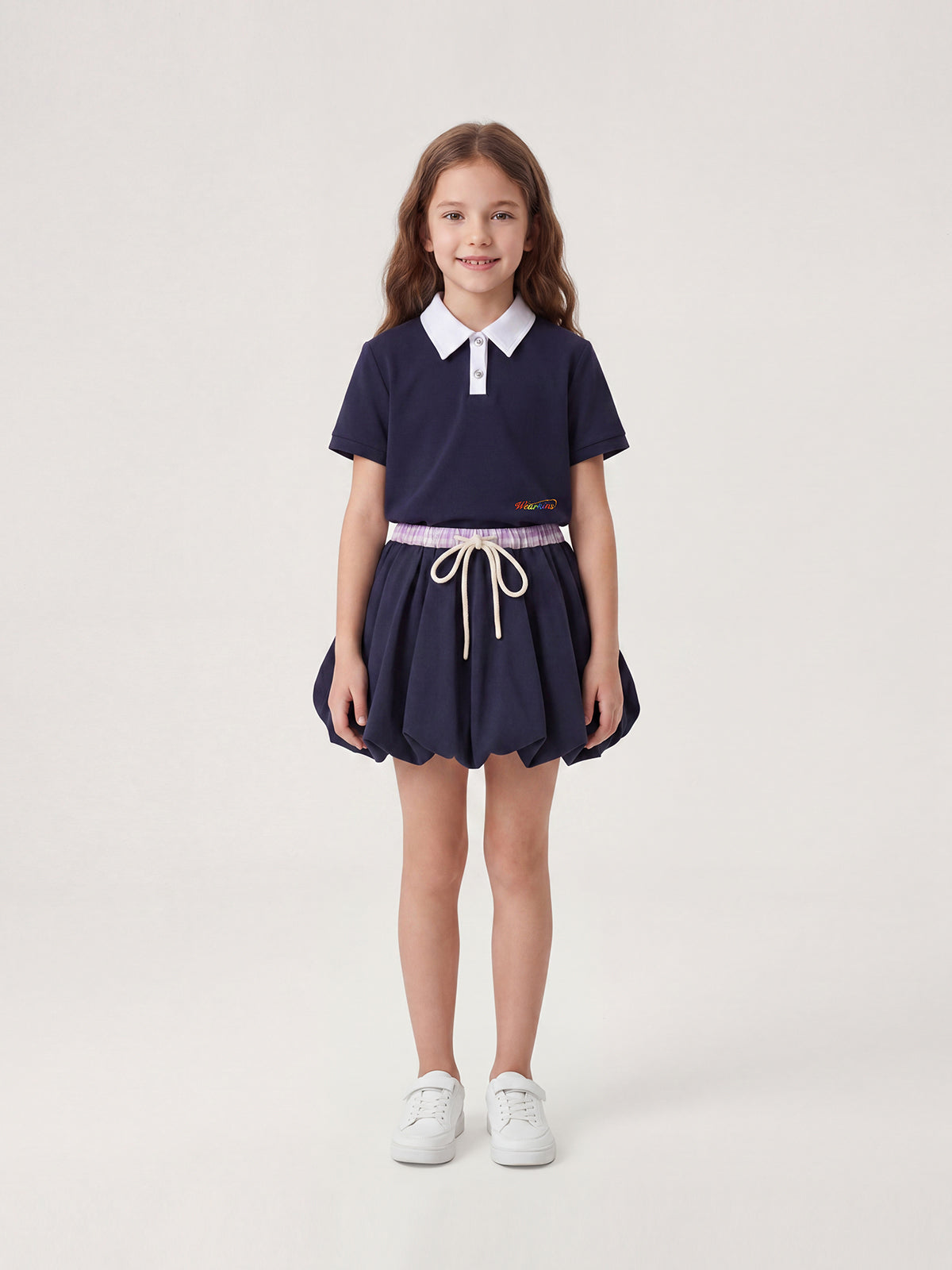 Kins Class Princess Collar Crop Polo Tee & Puffy Hem Mini Skirt For Kids