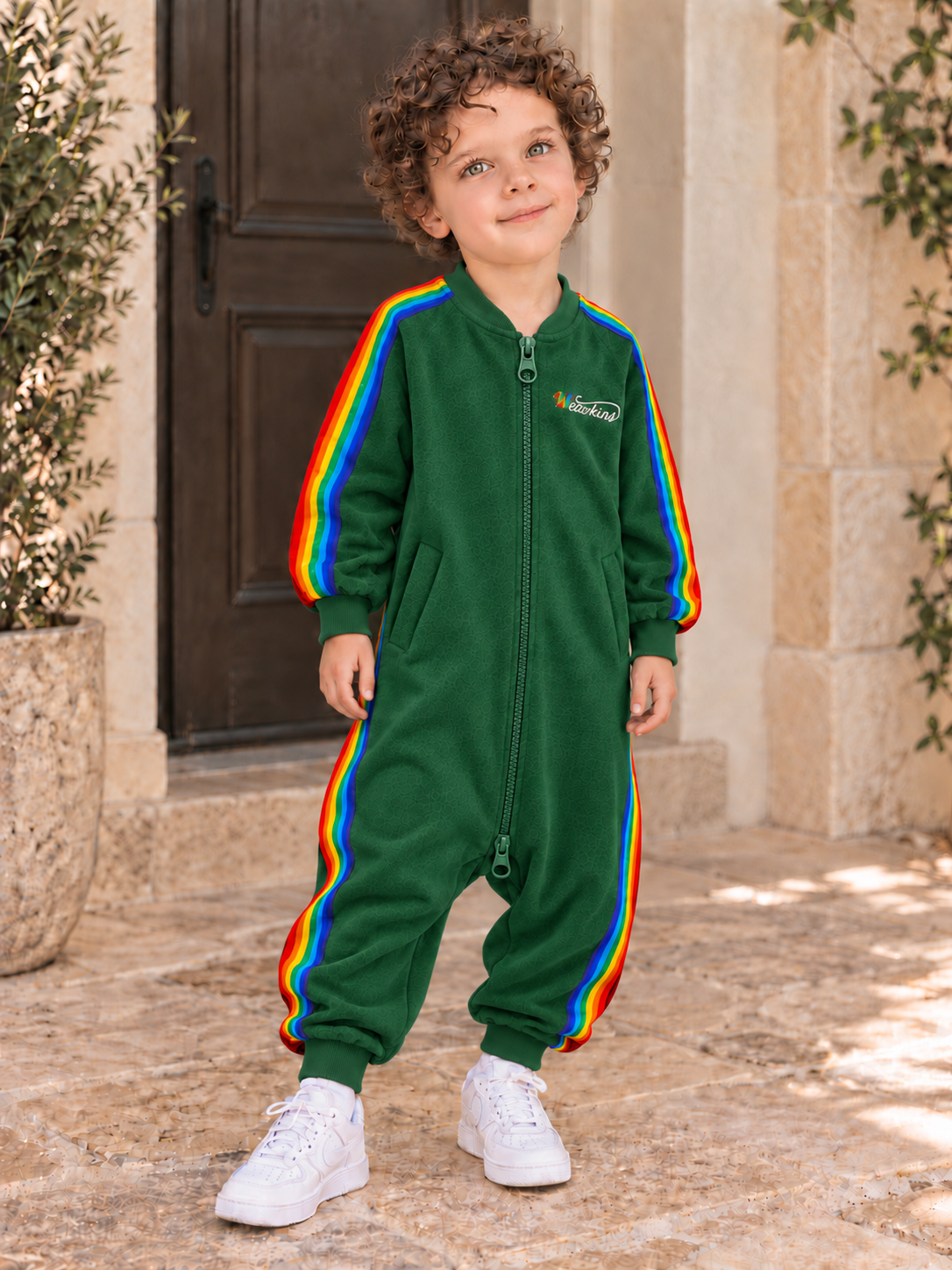 Child wearing a green rainbow-stripe onesie outdoors