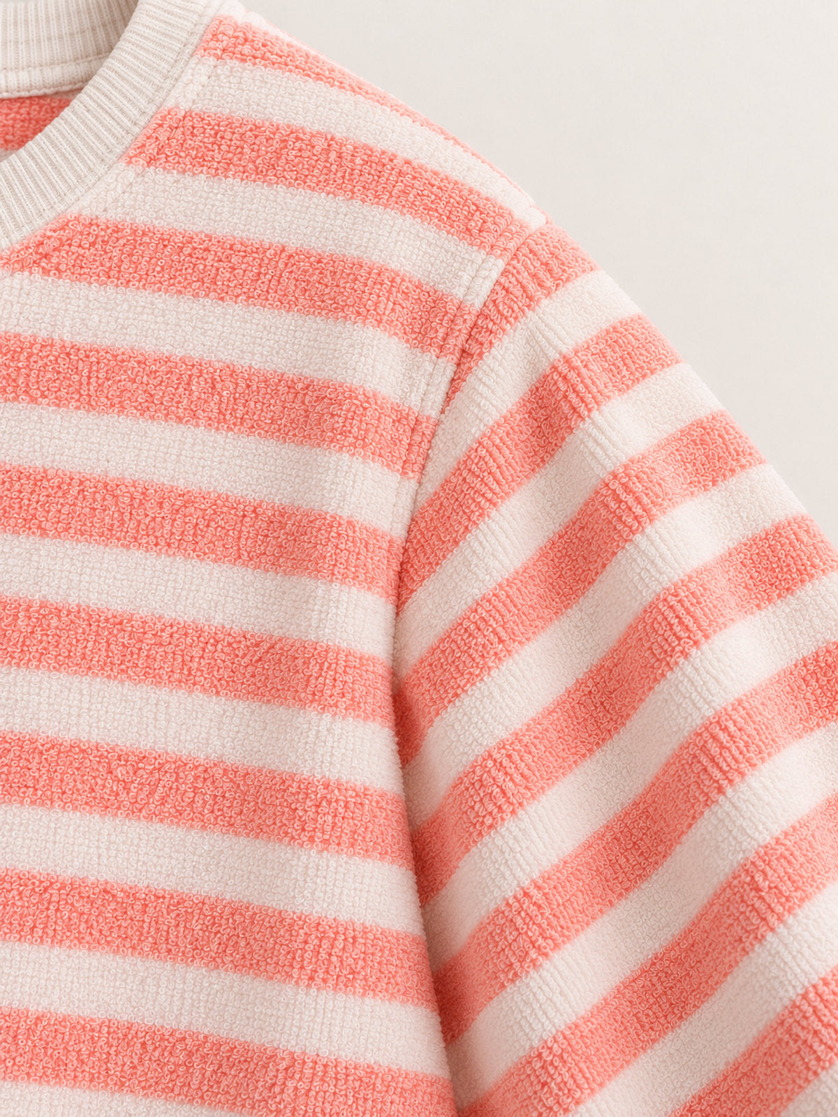Shoulder seam and stripe detail — Coral Pink Stripe Onesie