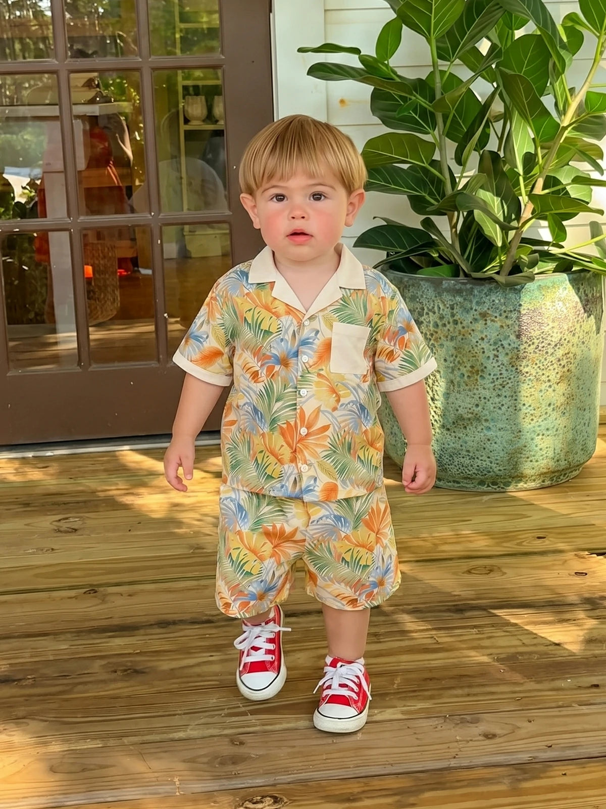 Sunny Escape Luftiges bedrucktes Hemd- und Shorts-Set für Kinder