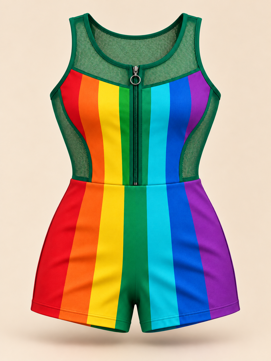 Front view of Wearkins adult rainbow striped romper with green mesh panels and a ring-pull front zipper