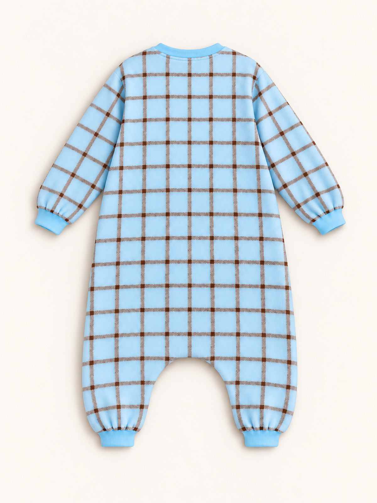 Back view of the ice blue and brown plaid onesie with ribbed cuffs