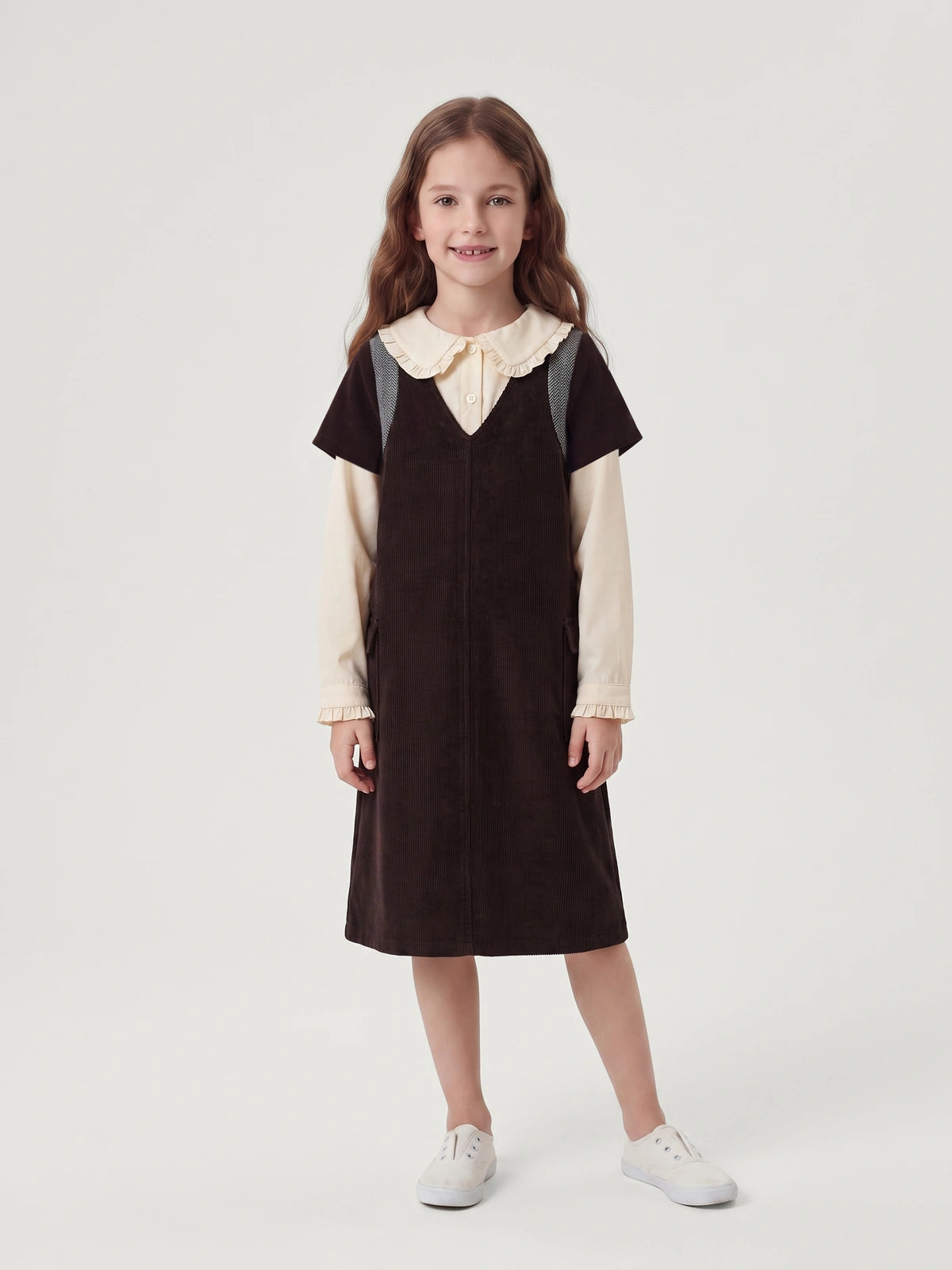 Kid's Brown Corduroy Pinafore Dress Set | KINS CLASS