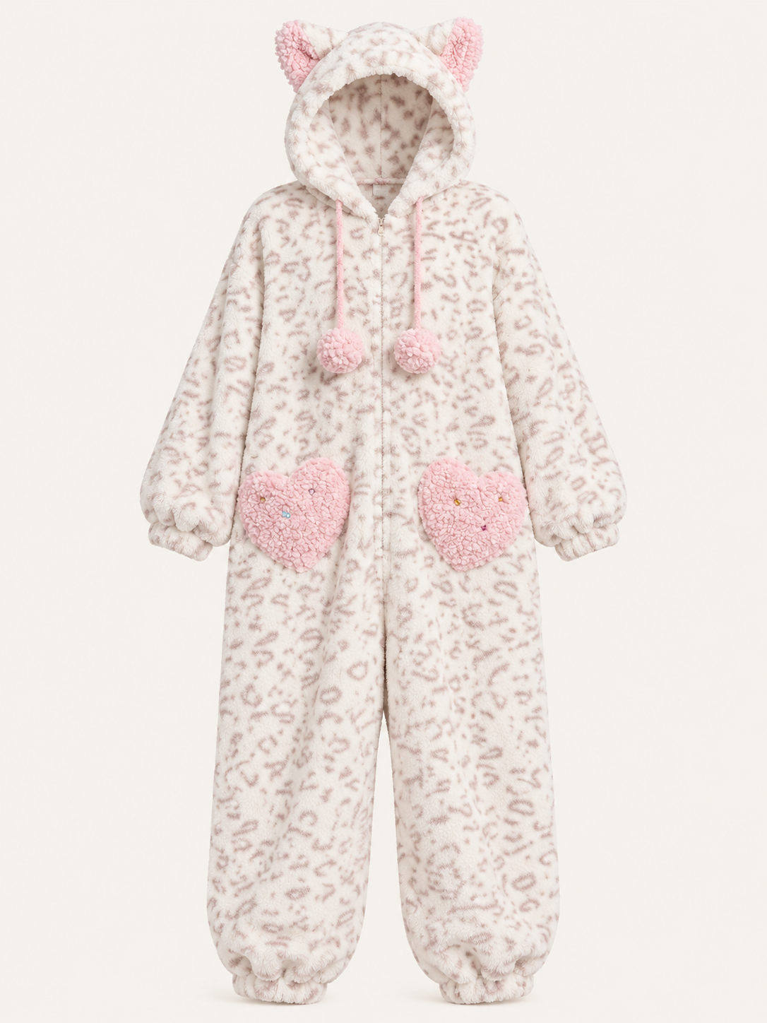 Front view of Wearkins adult ivory leopard fleece onesie with cat ears, pink heart-shaped pockets and pom-pom cords.