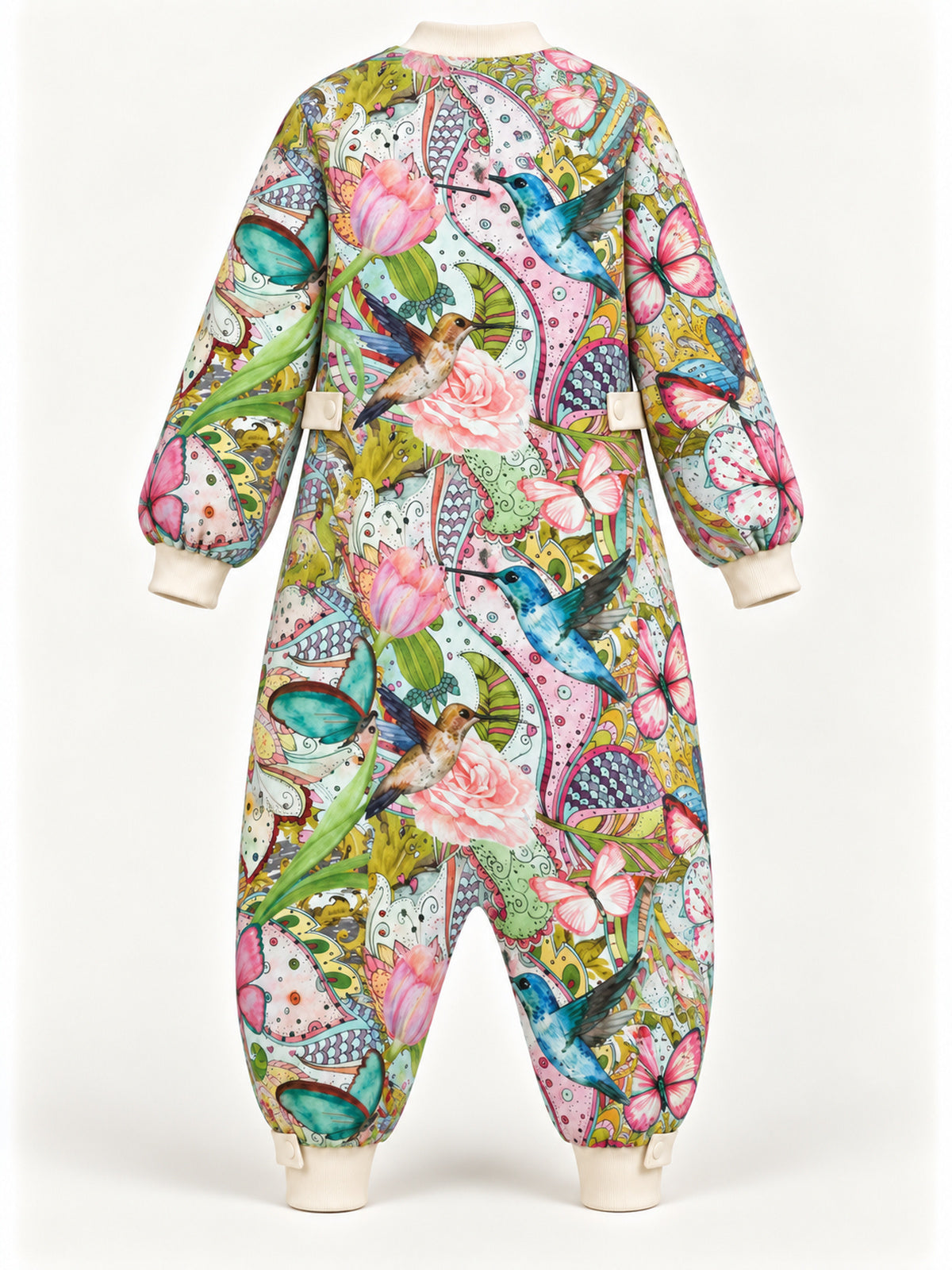 Back view of the Hummingbird Garden onesie with birds, butterflies and floral print