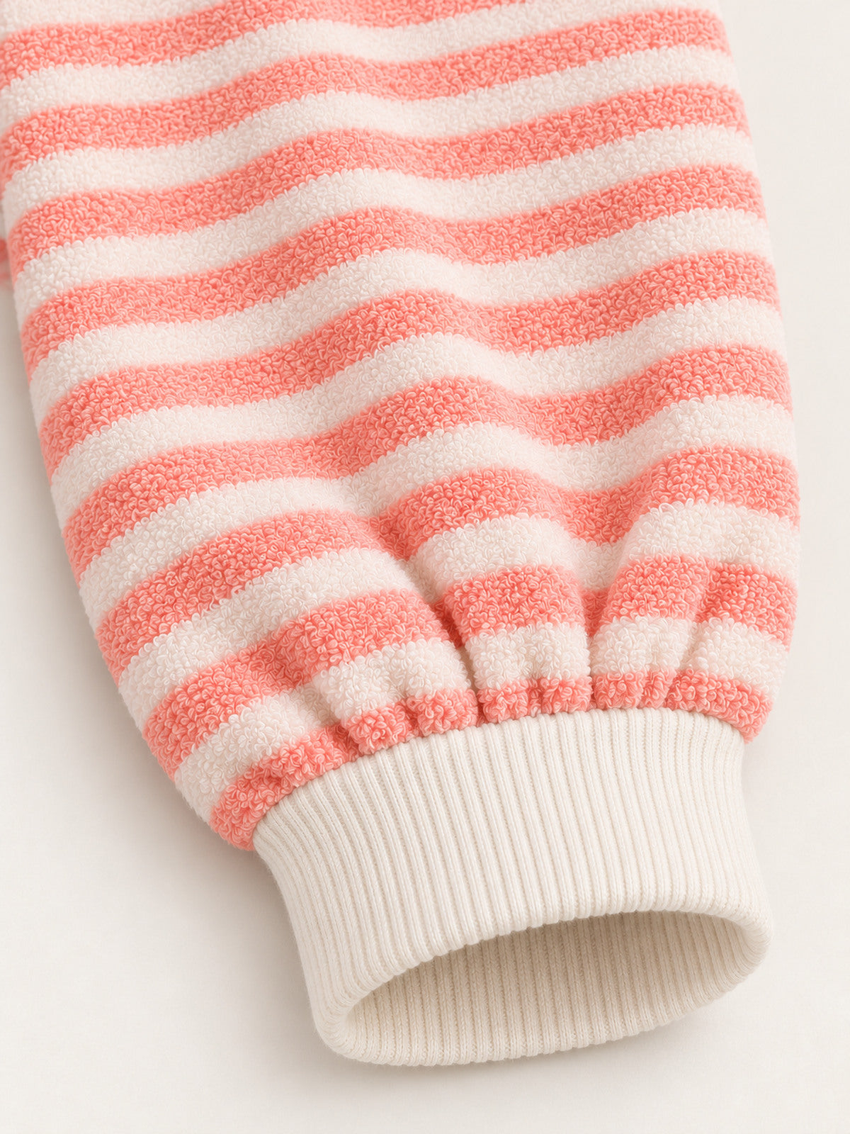 Gathered leg and ribbed ankle cuff detail — Coral Pink Stripe Onesie