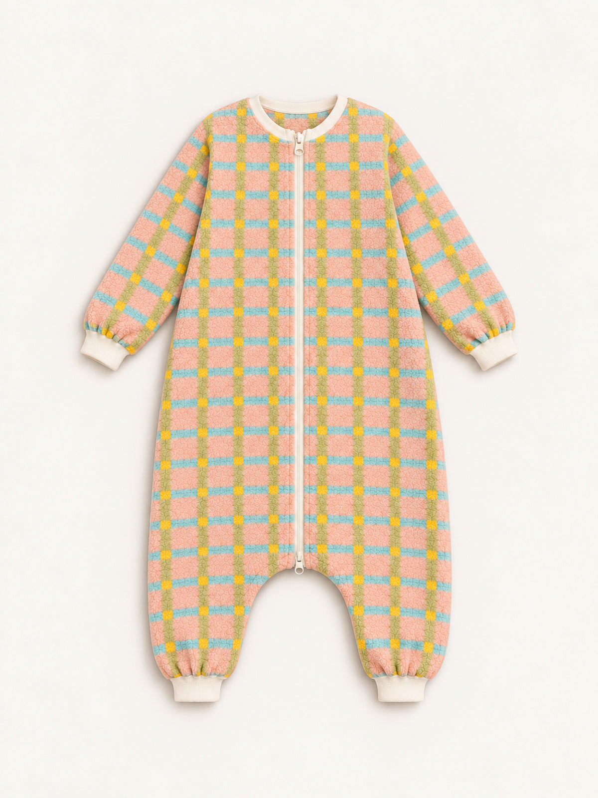 Front view of the pastel pink, aqua, green and yellow plaid onesie with a two-way front zip
