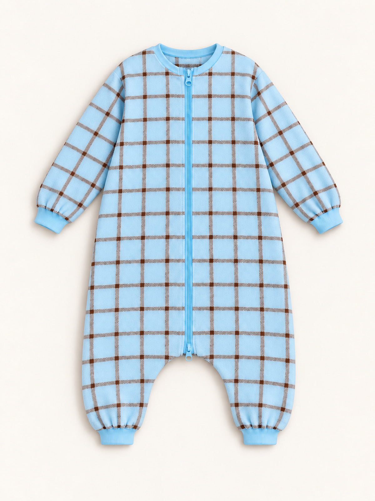 Front view of the ice blue and brown plaid onesie with a two-way front zip