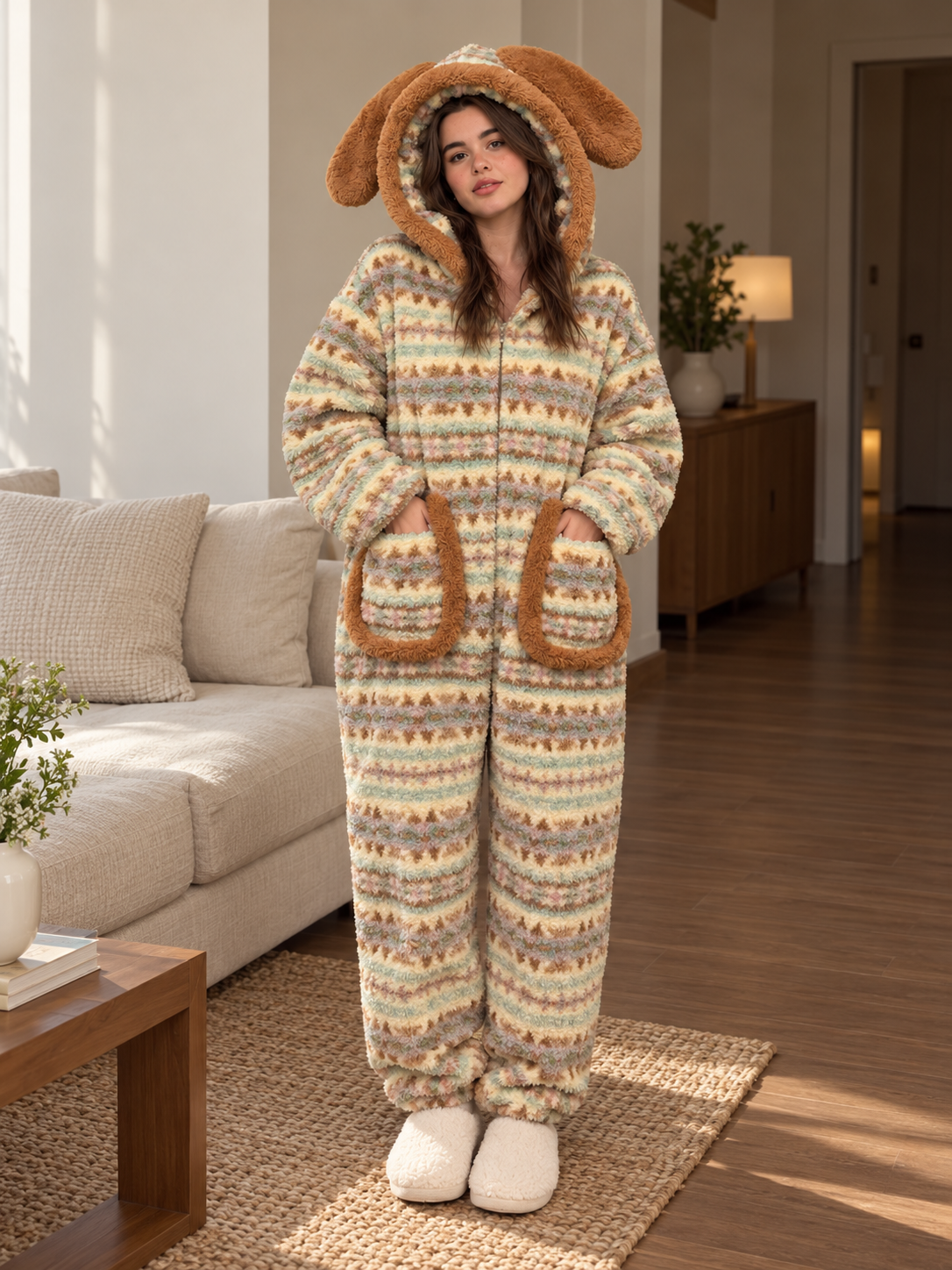 Adult wearing the Fair Isle fleece onesie with floppy-ear hood and front pockets