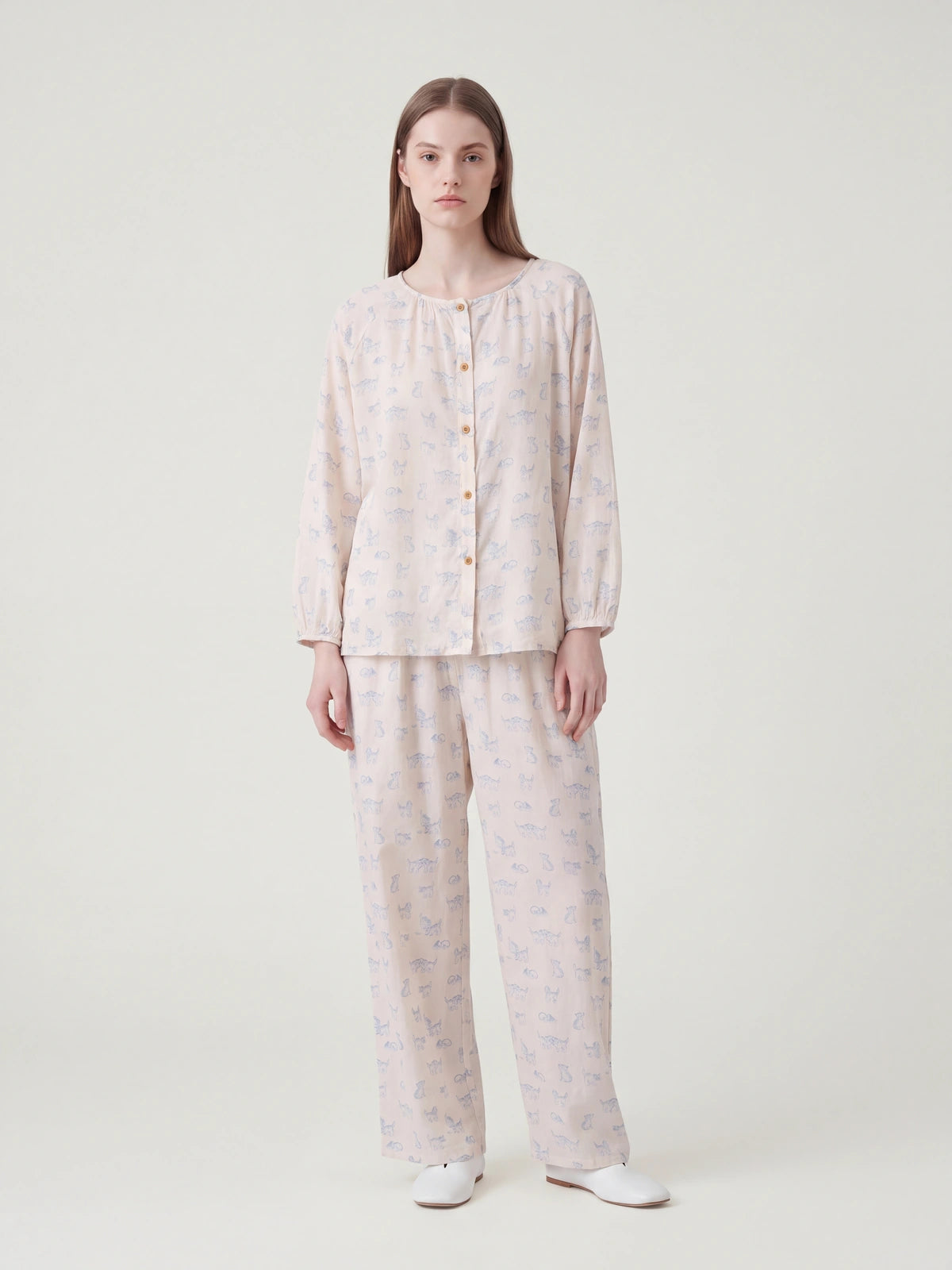 Blue Cat Print Pajamas Set For Adult | COZY NEST