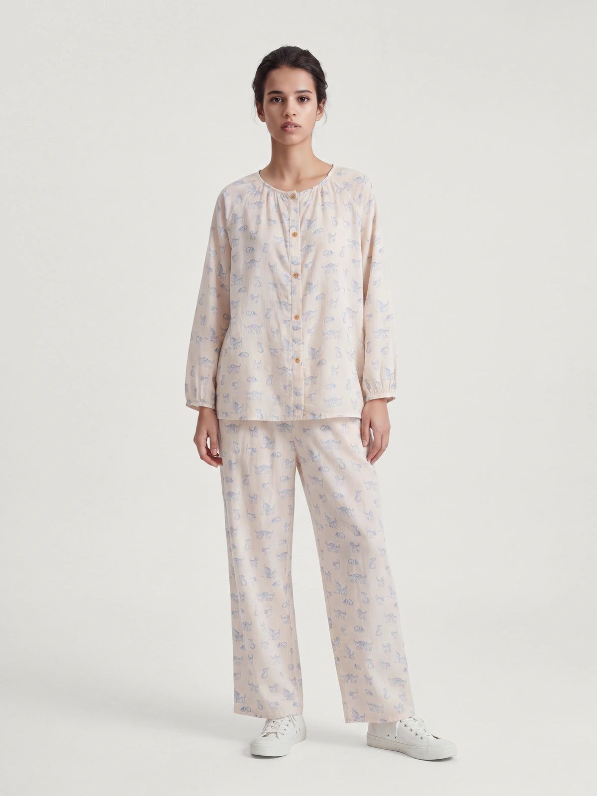 Blue Cat Print Pajamas Set For Adult | COZY NEST