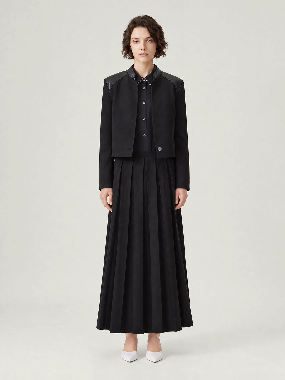 Adult Studded Collar Shirt, Pleated Maxi Skirt and Jacket Set | KINS CLASS