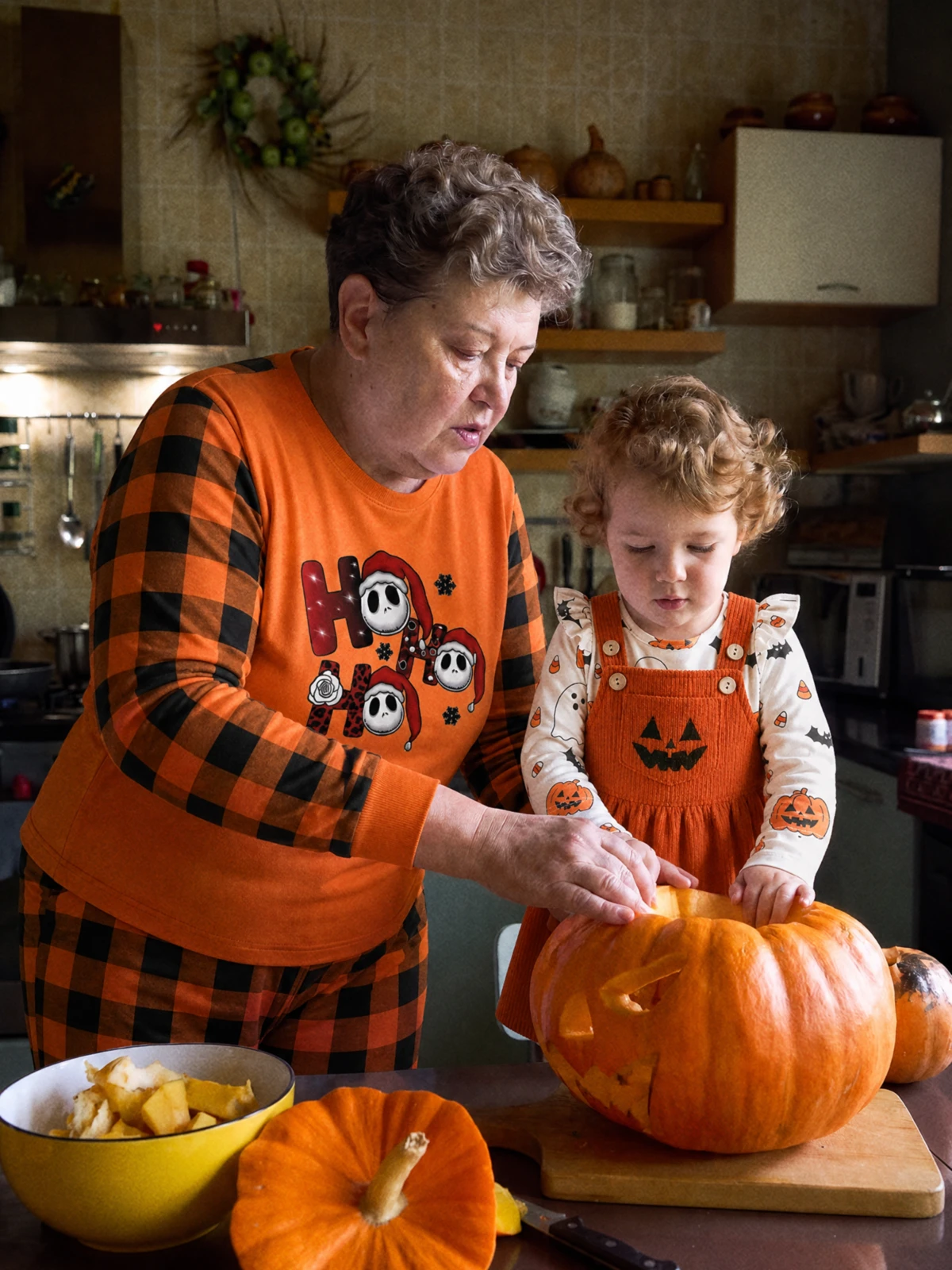 Family Matching Halloween Pumpkin and Ghost Print Pajamas Set