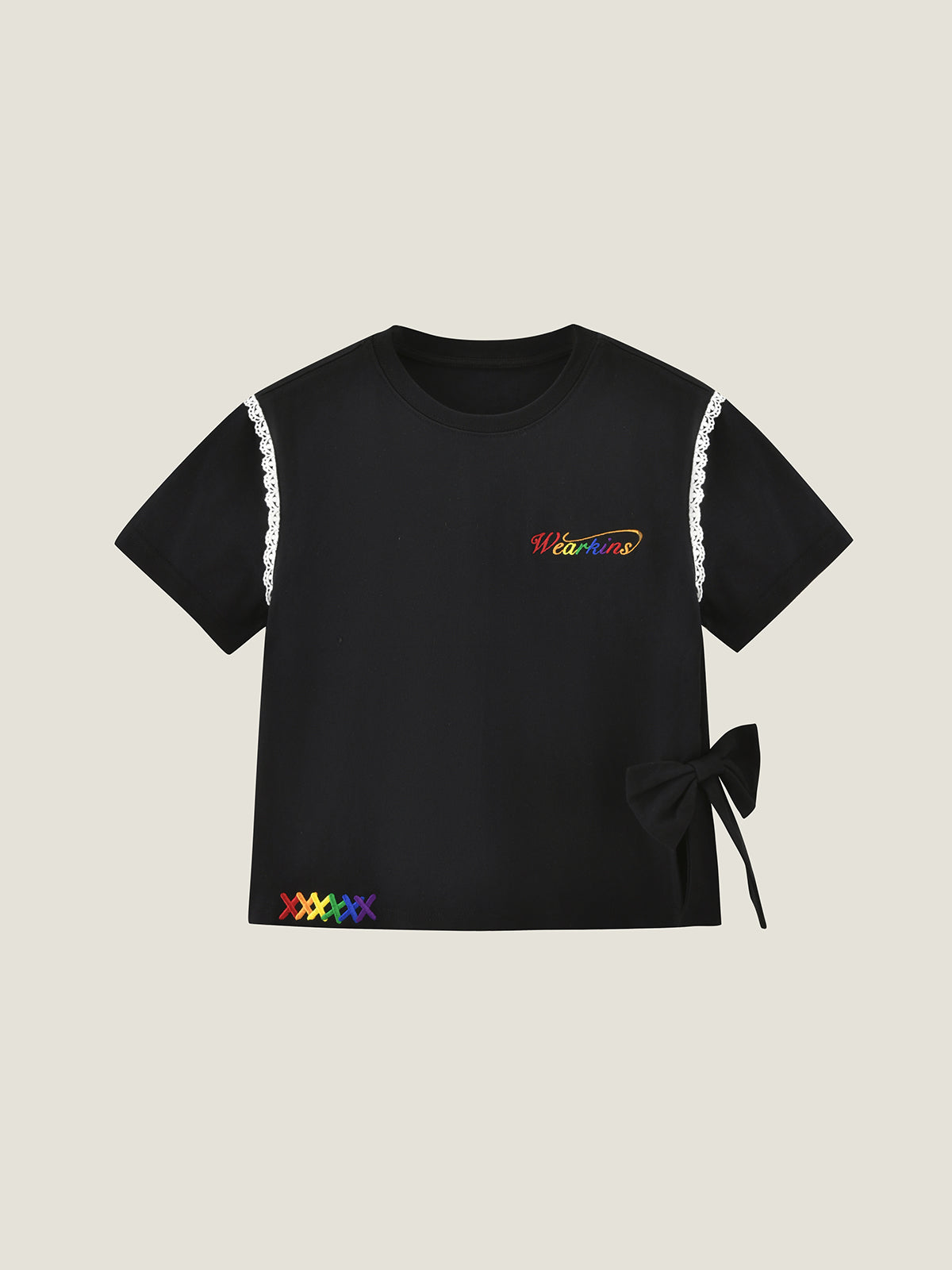 Pride Month T-Shirt With Lace Trim, Bow & Rainbow Embroidery For Kids