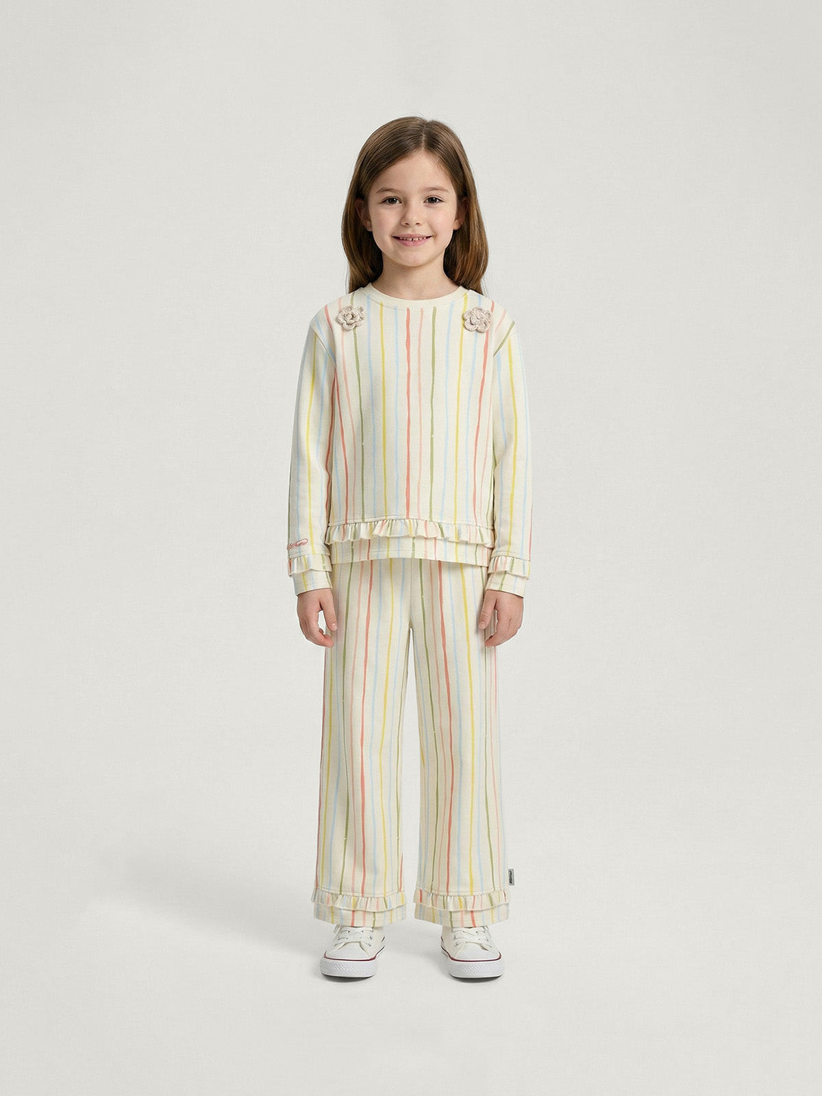Kid's Colorful Striped Applique Pajamas Set