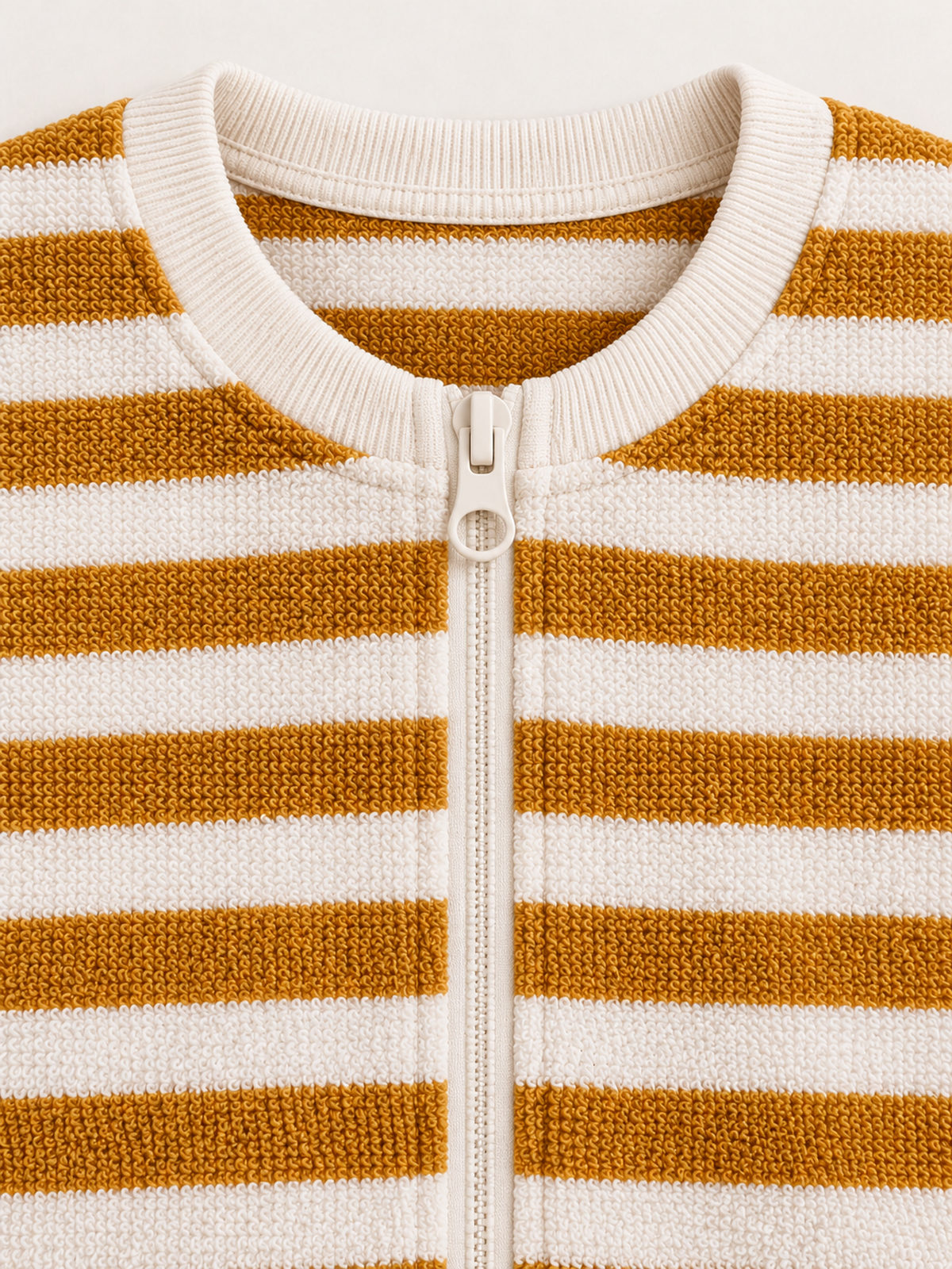 Ribbed round neckline and top ring-pull zipper detail — Mustard Stripe Onesie
