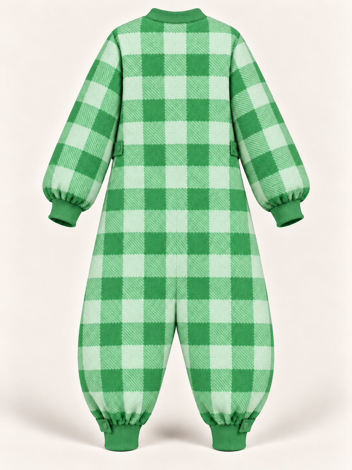 Back view of the green gingham adult onesie with long sleeves and full-length legs