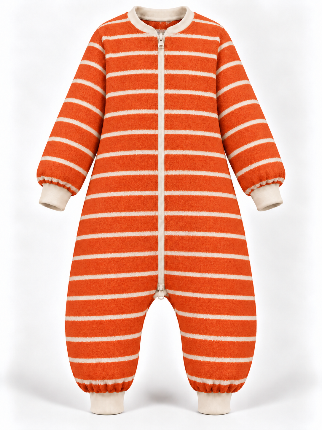 Orange-and-ivory striped adult zip-front onesie, front product view