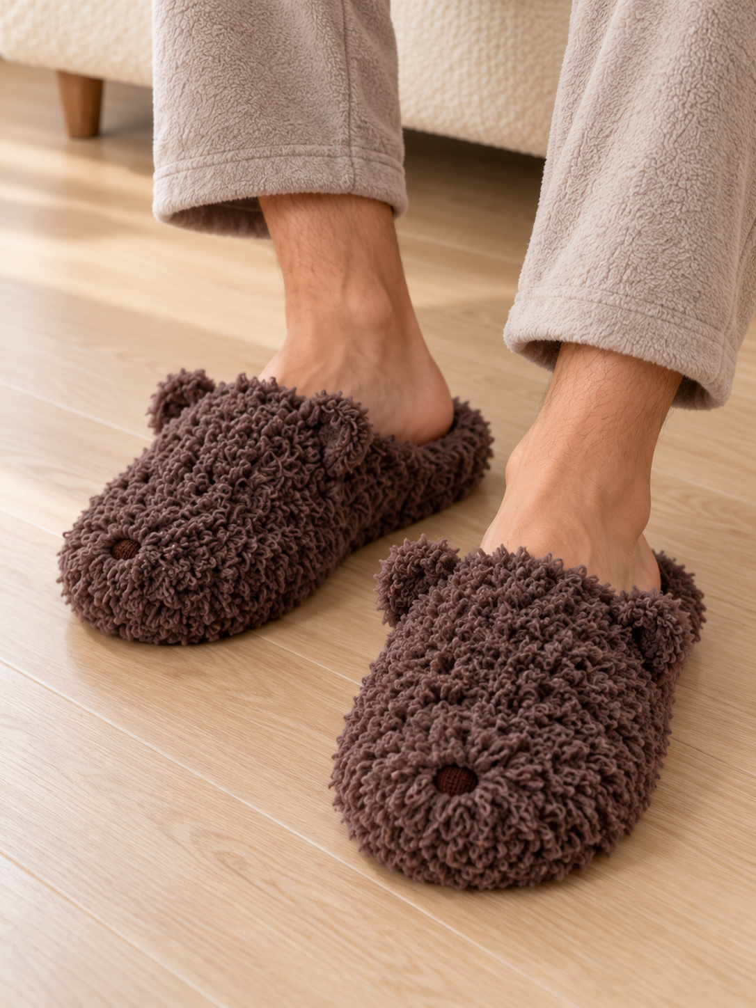Adult wearing Dark Brown teddy bear slippers with curly plush texture