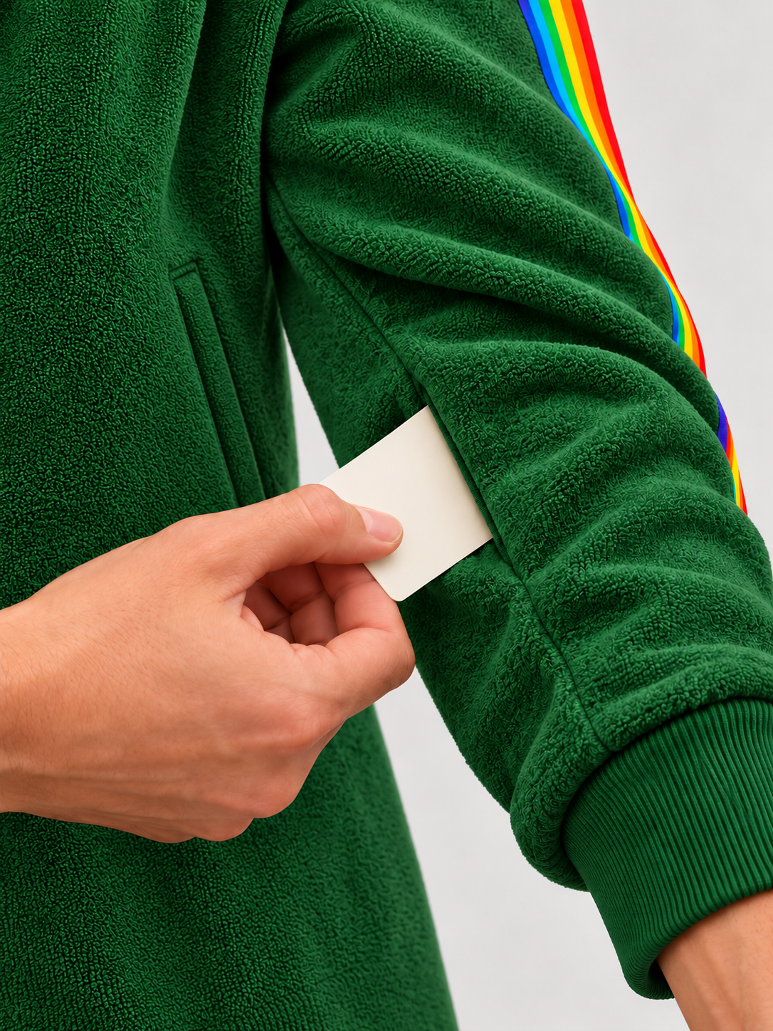 Close-up of the green onesie's textured sleeve and ribbed cuff with a card held beside it