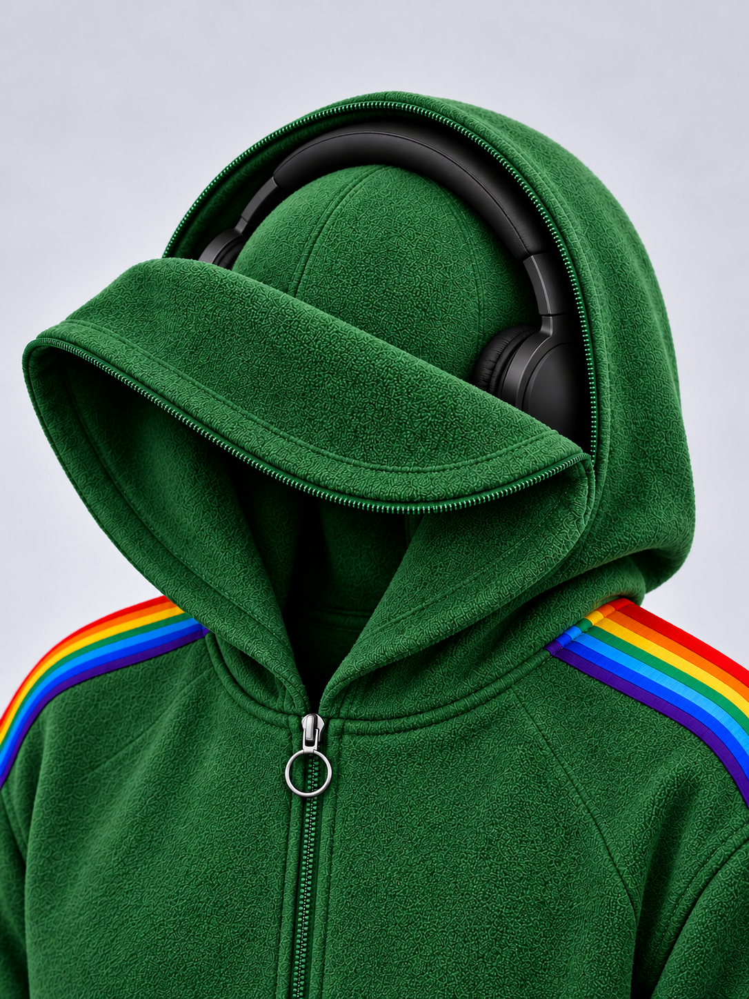 Close-up of the green onesie's open hood with headphones shown inside and a ring-pull front zip