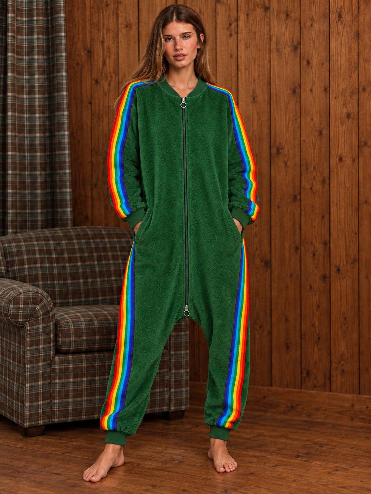 Adult woman wearing the forest green rainbow stripe terry onesie in a wooden living room