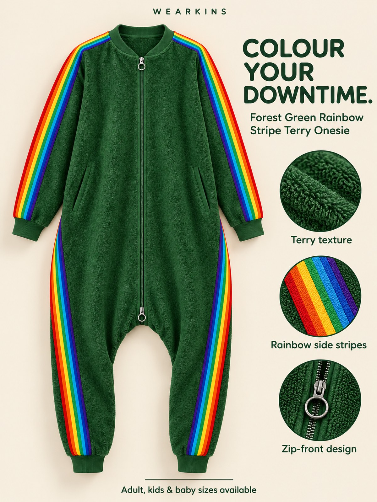 Wearkins forest green rainbow stripe terry onesie with fabric, stripe and zip-front details