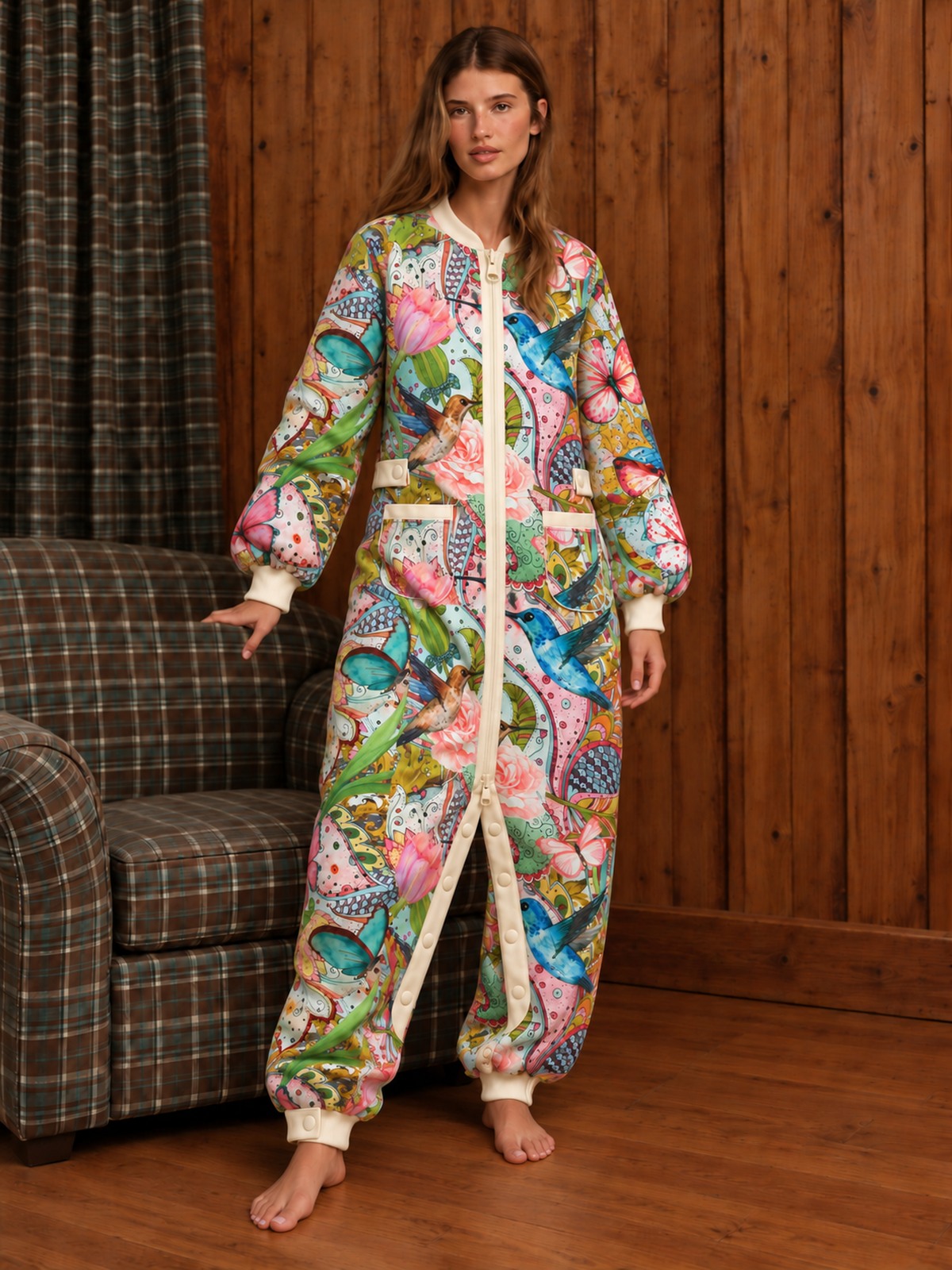 Woman wearing the Hummingbird Garden matching onesie in a wood-panelled living room