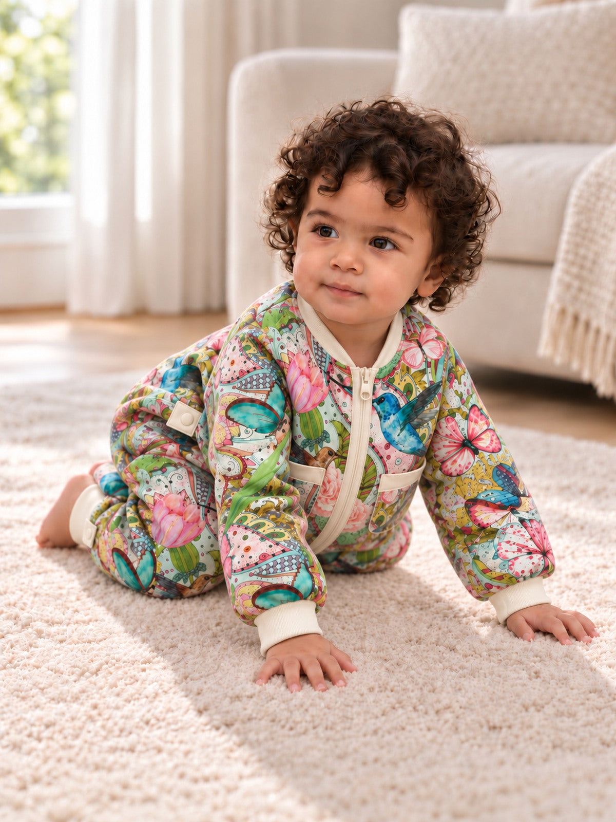 Baby wearing the Hummingbird Garden floral onesie on a rug at home