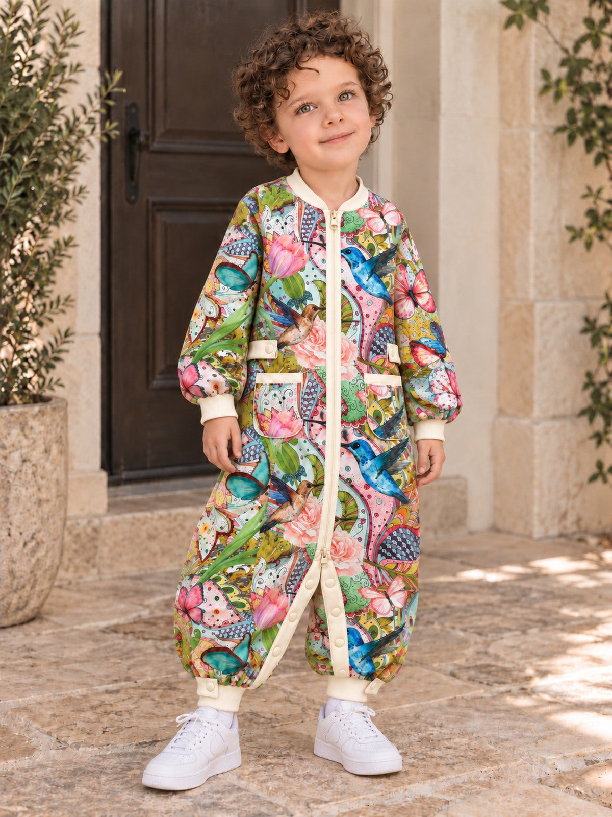 Child wearing the Hummingbird Garden floral onesie on a porch