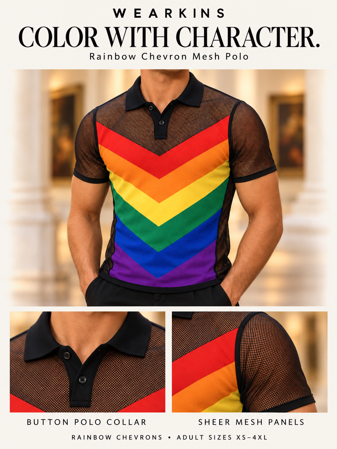 Wearkins rainbow chevron mesh polo: button collar and sheer mesh sleeve details. Adult sizes XS to 4XL.