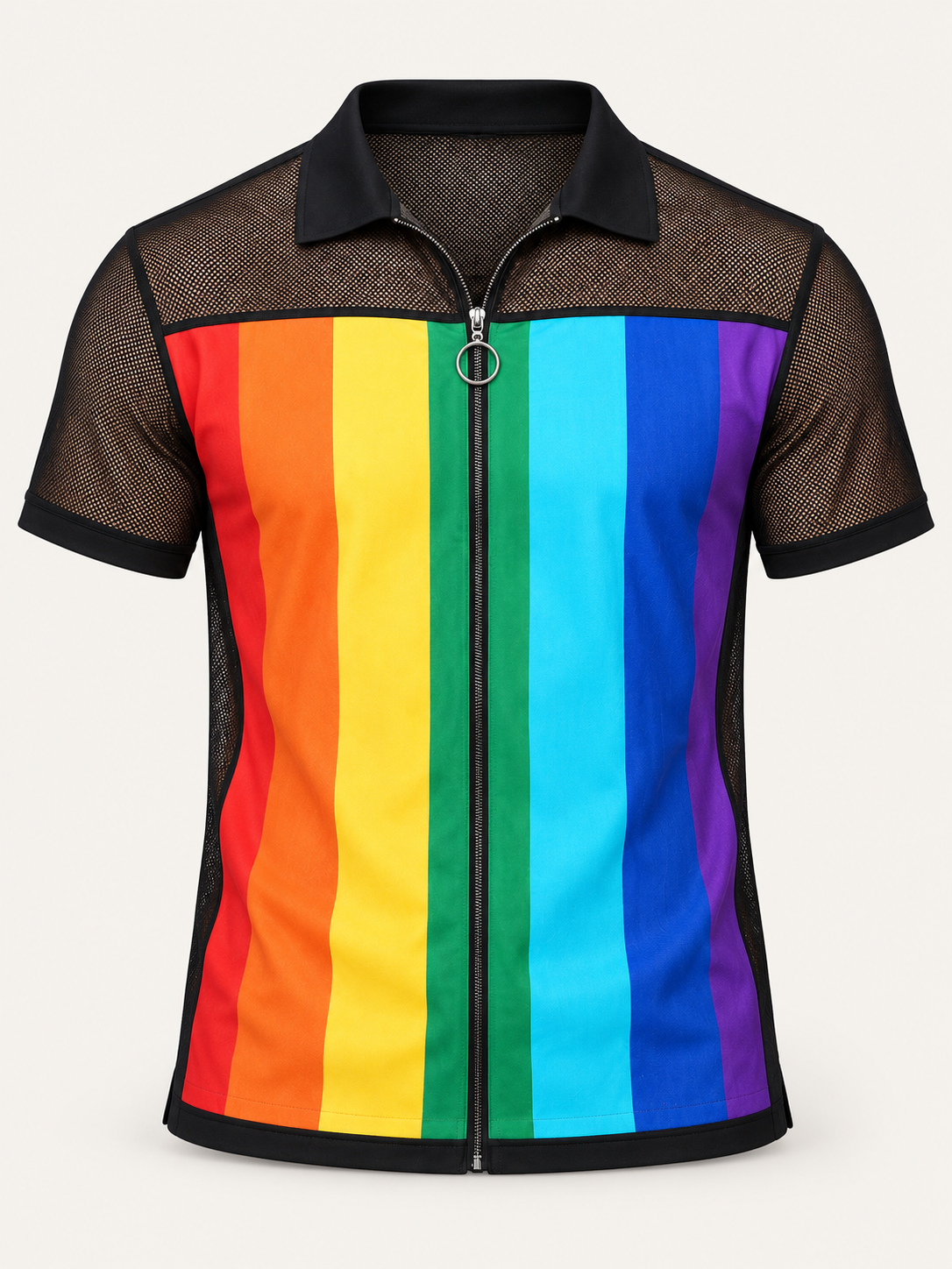 Wearkins adult rainbow stripe ring-zip polo with black mesh short sleeves, front product view.