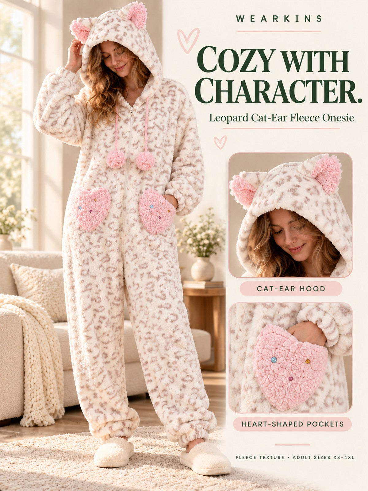 Wearkins adult leopard cat-ear fleece onesie with pink heart-shaped pockets; fleece texture and adult sizes XS to 4XL.