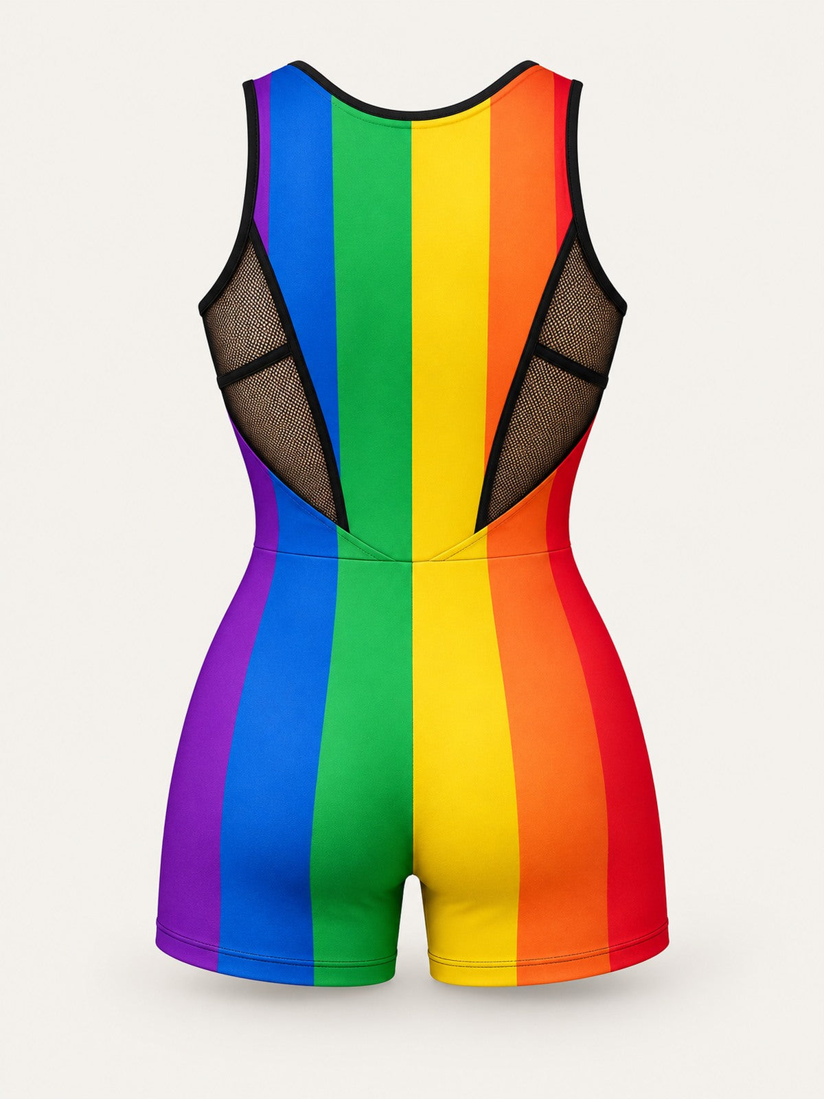 Back product view of Wearkins rainbow stripe romper with curved black mesh side panels and short legs.