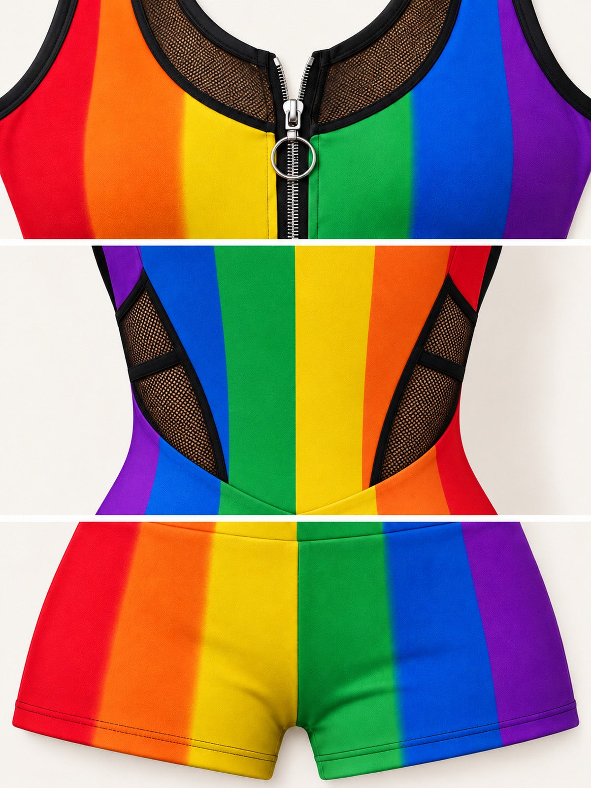 Wearkins rainbow black mesh romper details: ring-pull front zip, sheer side panels, waist seam and stitched short hems.